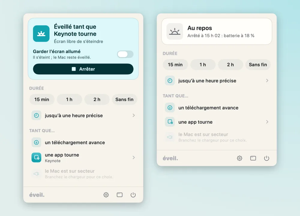 Le panneau d'Éveil pendant une session qui dure tant que Keynote tourne, puis après un arrêt sur batterie à 18 %