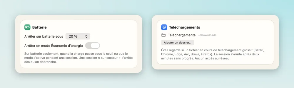 Les cartes Batterie et Téléchargements des Réglages d'Éveil